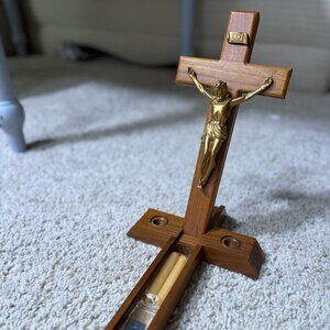 Vintage Catholic Sick Call Set Crucifix 13” Wood w/ Candles & Holy Water Bottle